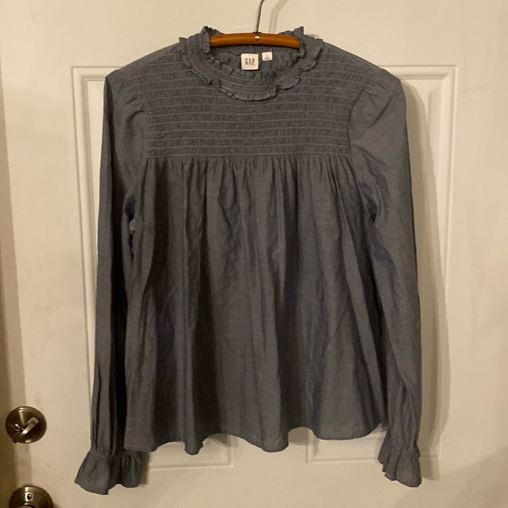 Gap Smocked Chambray Peasant Top with Ruffled Sleeves
